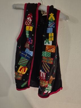 Black Holiday Vest with Colorful Gift Appliqués